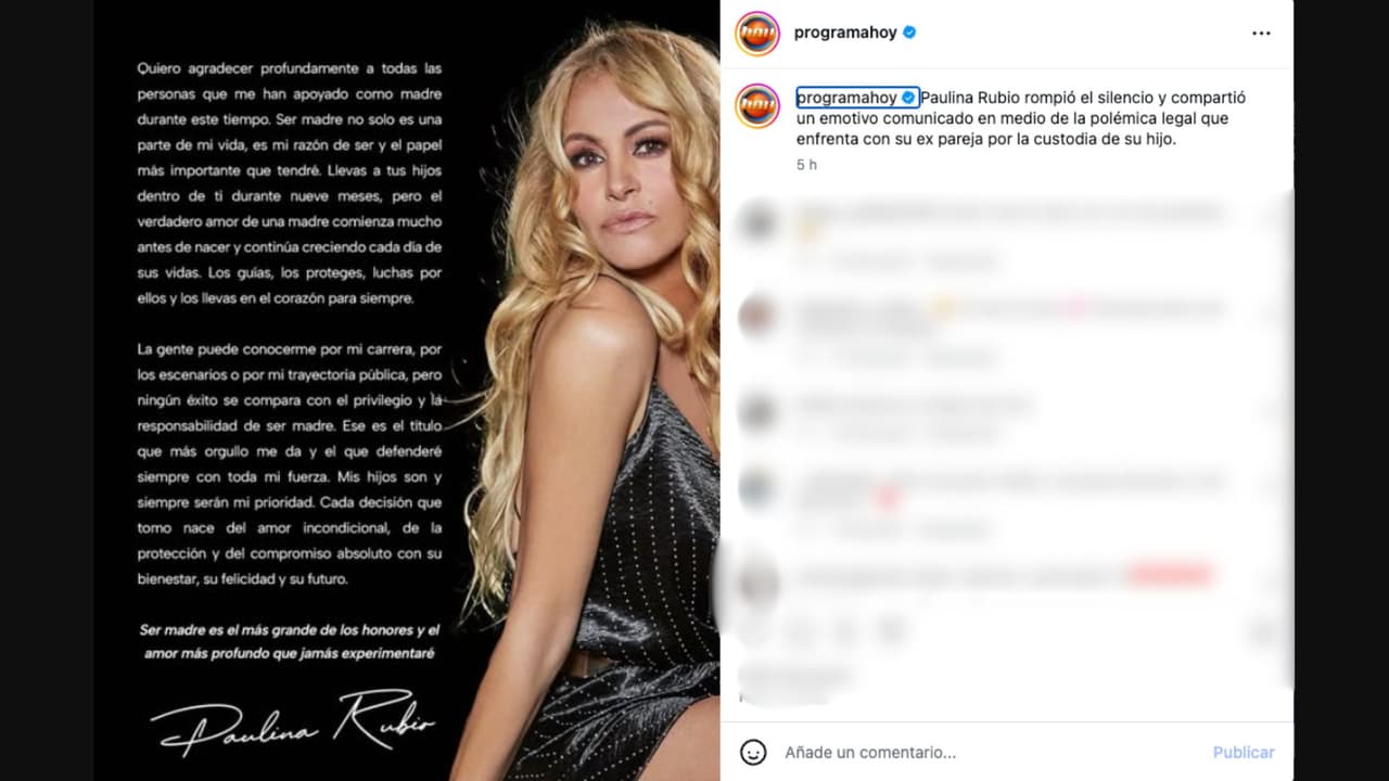 Paulina Rubio comparte mensaje durante proceso legal con Colate por la custodia de su hijo