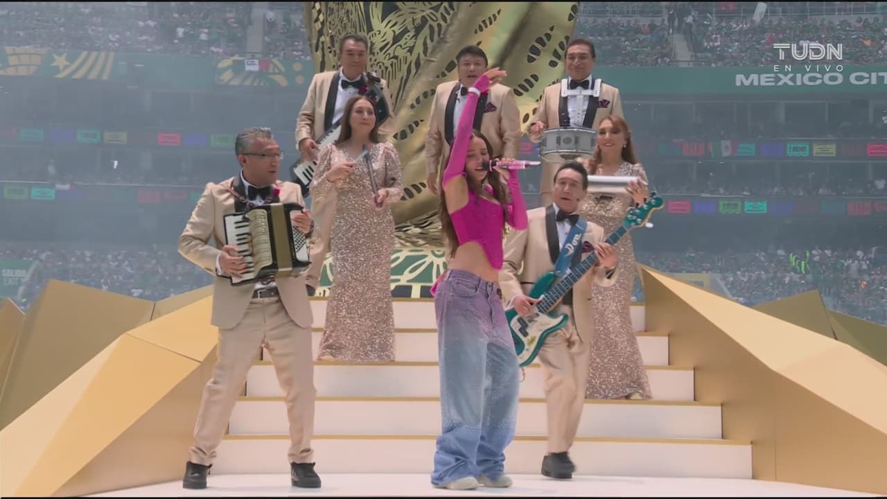 Belinda junto a Los Ángeles Azules en la ceremonia inaugural de la Copa Mundial 2026.