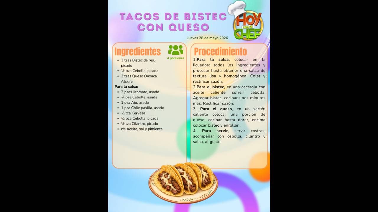 ¿Quieres preparar tacos de bistec con queso? Hoy soy el Chef te da la receta completa